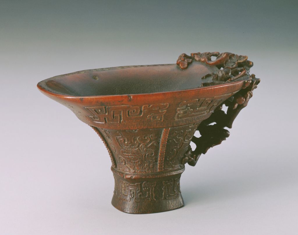 图片[1]-Rhinoceros horn carved plum branch handle antique animal face design cup-China Archive